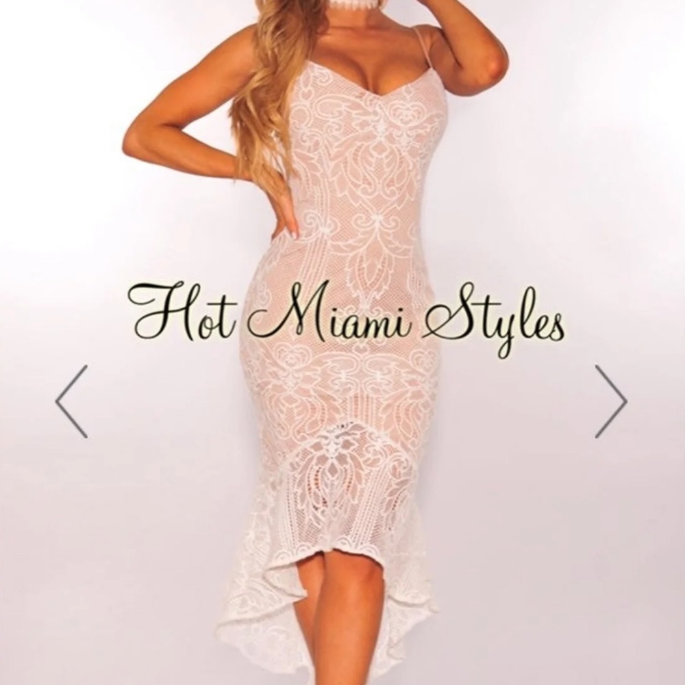 White & Nude Embroidered Mermaid Dress